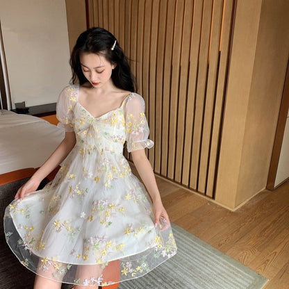 Gbolsos Summer Women Floral Fairy Mini Dress Slash Neck Puff Sleeve Embroidery Flower Mesh Dress French Romantic Feminine Dress