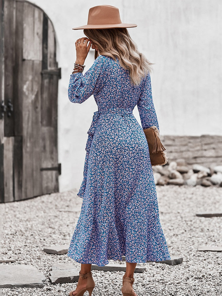 Spring Autumn Long Bandage Print Dress For Women   New V Neck Full Sleeve Hight Waist Winter Maxi Dresses Ladies Elegant