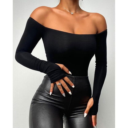 Gbolsos Spring Summer Women Clothing Daily Wear Black T-shirts Elegant Cold Shoulder Long Sleeve Skinny Casual Top