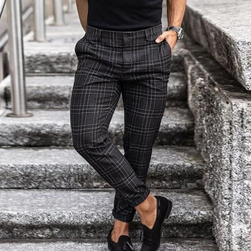 Gbolsos Spring Fashion Plaid Pencil Pants For Mens Vintage Mid Waist Button Trouser Male Summer Casual Long Pants Streetwear