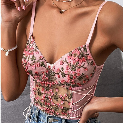 Gbolsos Women Sexy Pink Tank Top Flower Embroidery V-neck Summer Slim Camisole Female Tie-Up Crop Tank Tops Vest Spaghetti Straps Camis