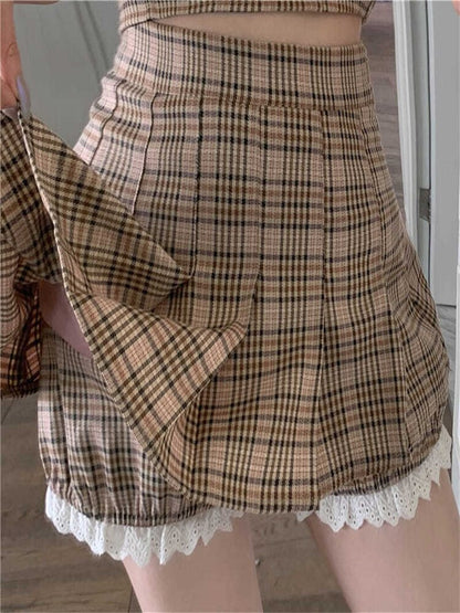 Gbolsos Plaid Suit Women Camisole + Short Skirt Two-piece Sets Summer New Temperament Vintage Lace Patchwork Sleeveless Suit Trend