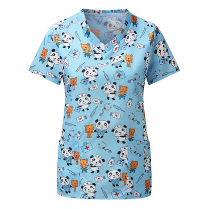 Gbolsos Cute Cartoon Animals Print Christmas Nursing Scrubs Women Tops Short Sleeve pet salon Work Uniform Blouse Costume Shirts Female