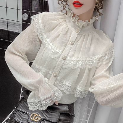 Gbolsos Solid Patchwork Elegant Blouse Women Spring Lace Designer Chiffon Bouse Female Office Lady Casual French Korean Tops Women