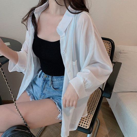 Gbolsos Shirts Women Sun Protection Loose All-match Summer Korean Style Casual Solid Tops Fashion Simple Chic Outerwear Thin Baggy Soft