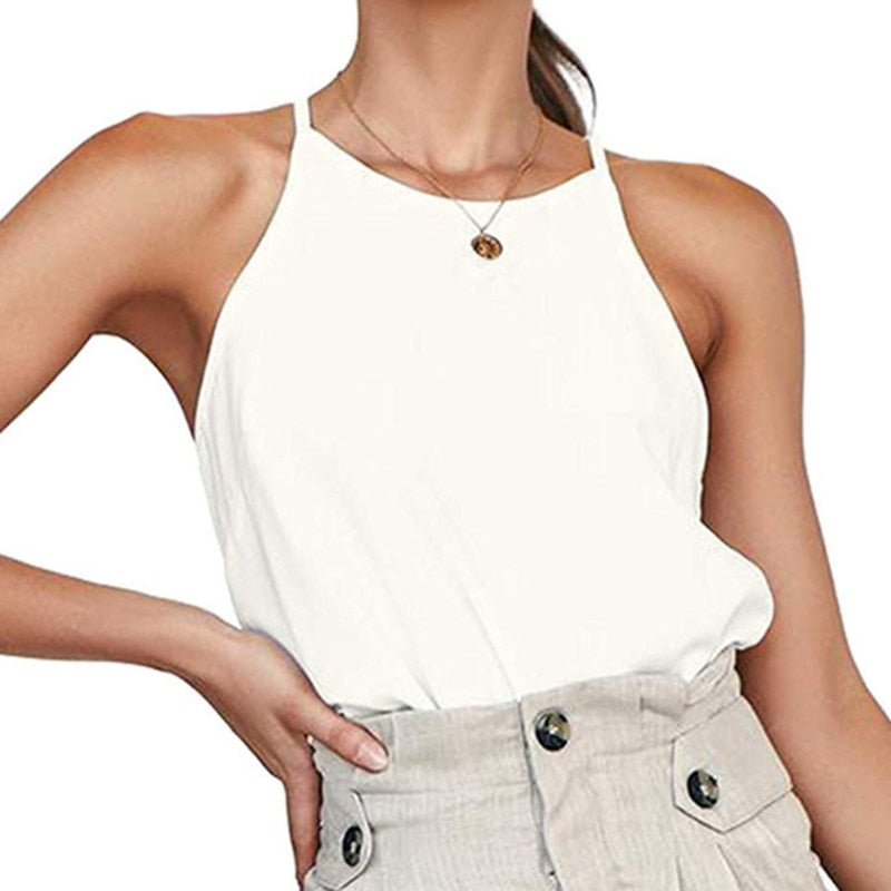 Gbolsos Women Tank And Camis Ladies Halter Neck Top Summer Sexy O Neck Sleeveless Tops Vest Female OL T-shirts Women Pulovers