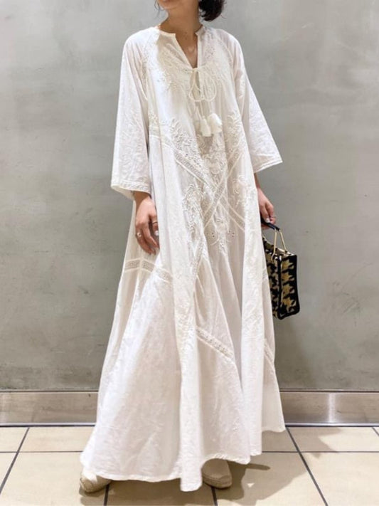 Women's Summer Dress   Loose Embroidered White Lace V-Neck Long Beach Dress Elegant Dress Holiday Women's  White Dress