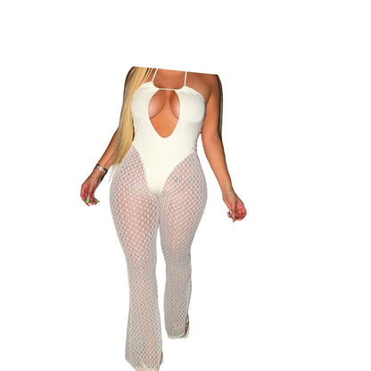 Gbolsos Summer Nightclub Halterneck See Through Mesh Jumpsuit Woman Sexy Strappy Hollow Stitching Flared Trouser Romper