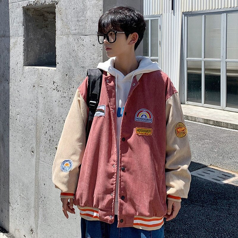 Gbolsos Spring and Autumn Corduroy Coat Men's Harajuku Style Korean Versatile, Handsome, Loose Fitting Baseball Jacket