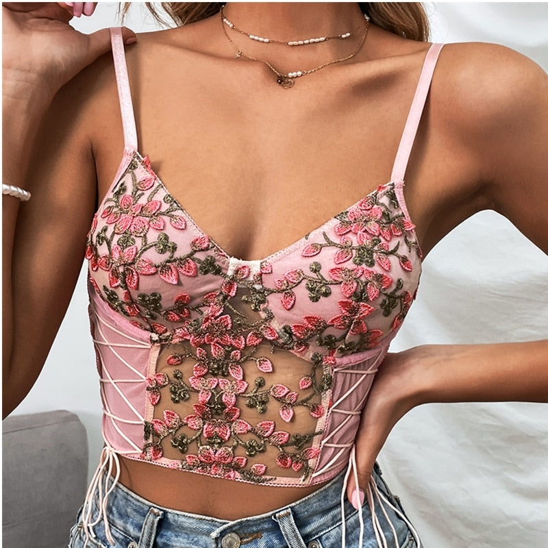 Gbolsos Women Sexy Pink Tank Top Flower Embroidery V-neck Summer Slim Camisole Female Tie-Up Crop Tank Tops Vest Spaghetti Straps Camis