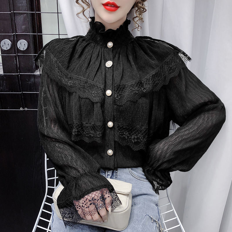 Gbolsos Solid Patchwork Elegant Blouse Women Spring Lace Designer Chiffon Bouse Female Office Lady Casual French Korean Tops Women