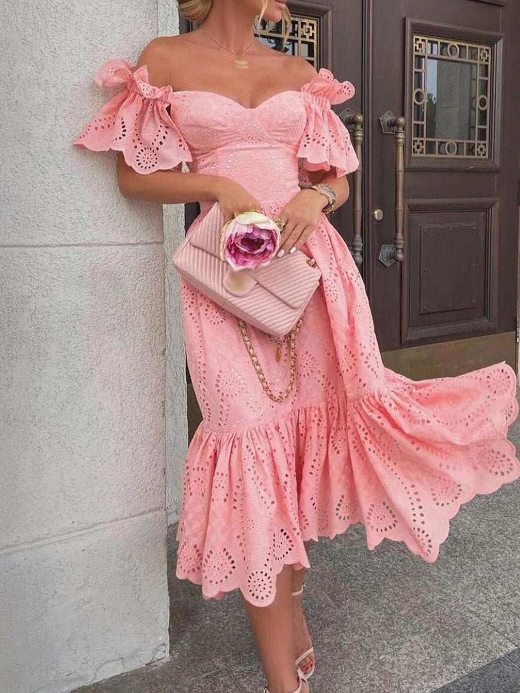 Gbolsos Boho Sexy One Shoulder Midi Dress Women Hollow Strapless Butterfly Sleeve Ruffle Hem Slim Vestidos Solid Holiday Dresses