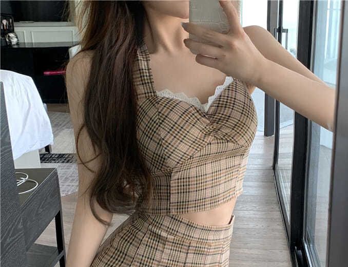 Gbolsos Plaid Suit Women Camisole + Short Skirt Two-piece Sets Summer New Temperament Vintage Lace Patchwork Sleeveless Suit Trend