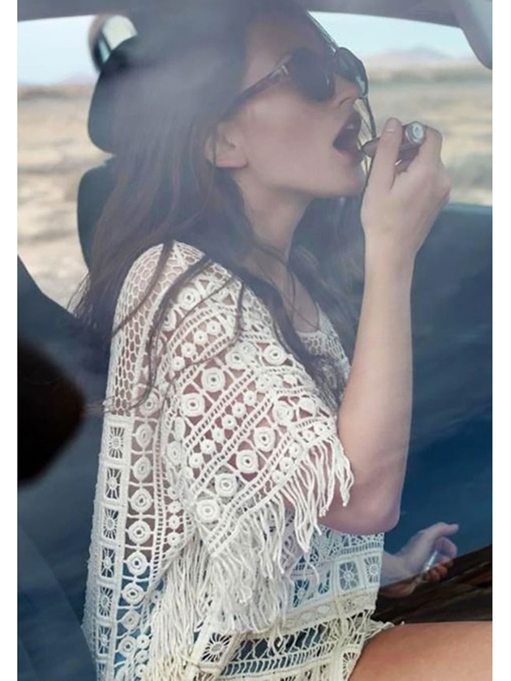 Boho Crochet Chic Lace Top Tassel Batwing Sleeve Loose Casual Beach Blouse Shirt Hollow out Floral Embroidery Women Shirt