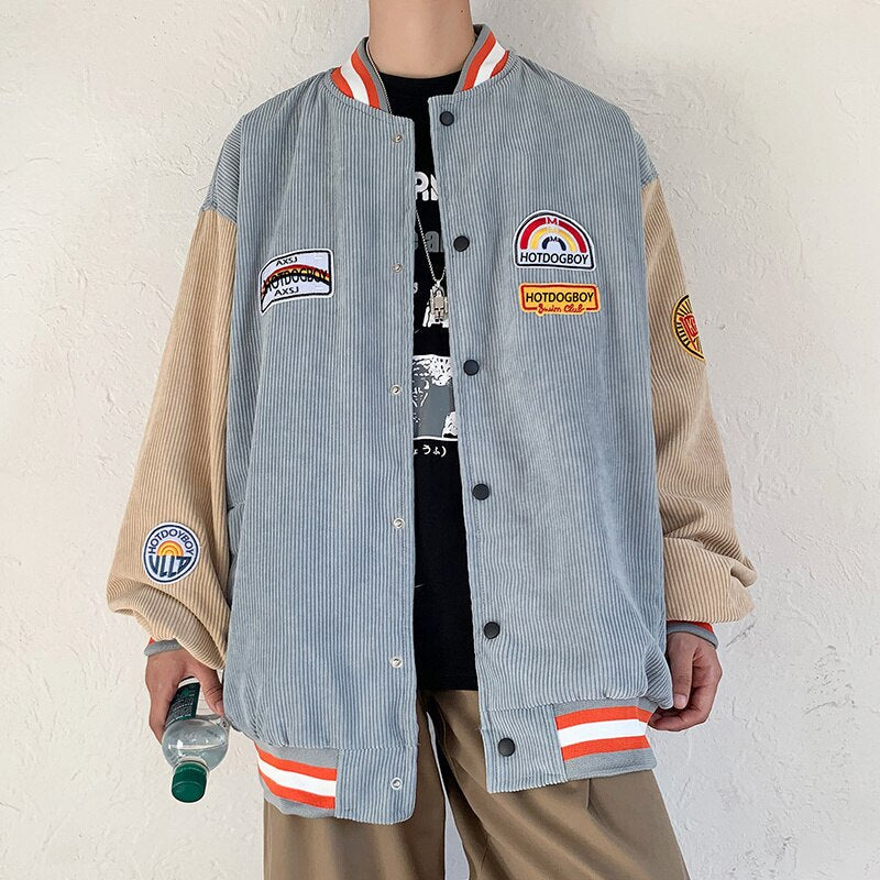 Gbolsos Spring and Autumn Corduroy Coat Men's Harajuku Style Korean Versatile, Handsome, Loose Fitting Baseball Jacket