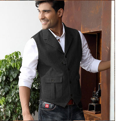 Gbolsos Herringbone Men's Vests Wool Tweed Lapel Casual Dress Business Sleeveless Jacket Wedding Groomsmen Temperament Slim Mens Vest