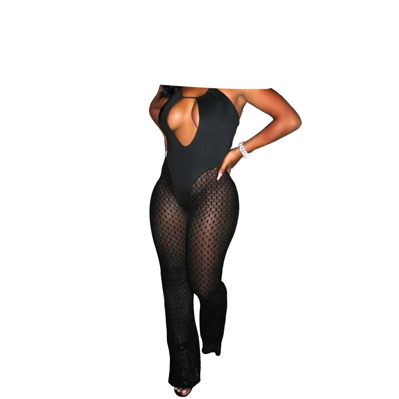 Gbolsos Summer Nightclub Halterneck See Through Mesh Jumpsuit Woman Sexy Strappy Hollow Stitching Flared Trouser Romper