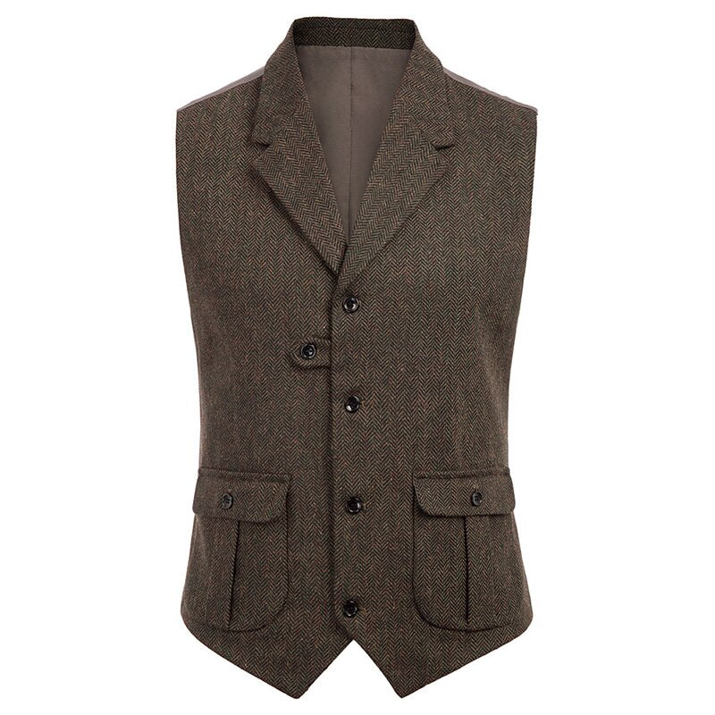 Gbolsos Herringbone Men's Vests Wool Tweed Lapel Casual Dress Business Sleeveless Jacket Wedding Groomsmen Temperament Slim Mens Vest