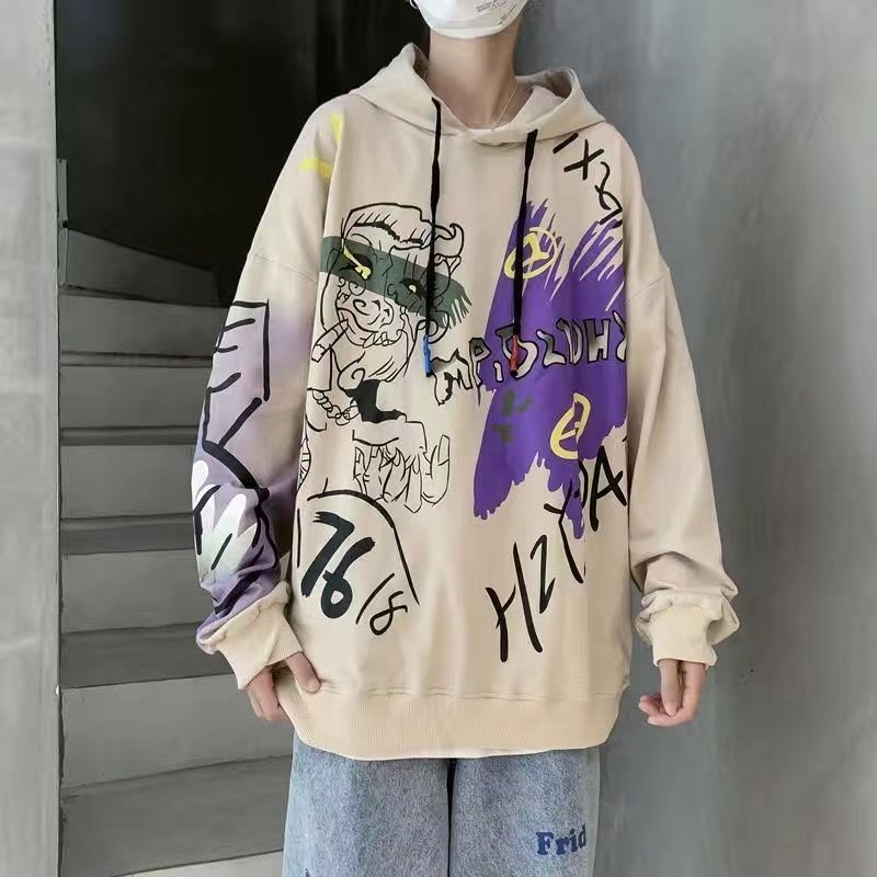 Gbolsos Autumn and winter Korean style trend plus fleece hooded sweater men graffiti hip-hop all-match loose printed coat couple sweater