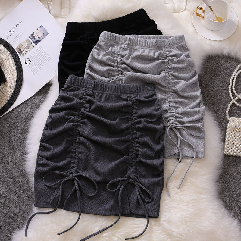 Gbolsos Draw String Cotton Mini Skirt Girls Summer Elastic Waist Grey Black Split Folds Skirts Women Sexy Bottoms