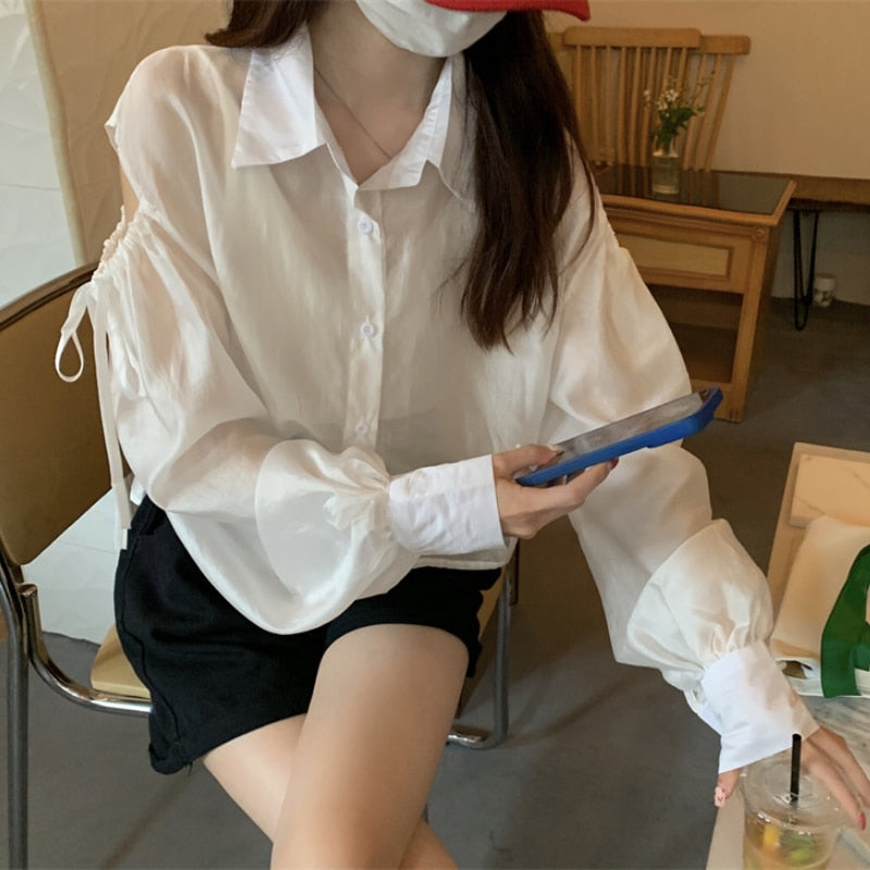 Gbolsos Shirts Women Hole Temperament Sun-proof Ins Vacation Thin Korean Style Sheer Off-shoulder BF Summer Students Beach