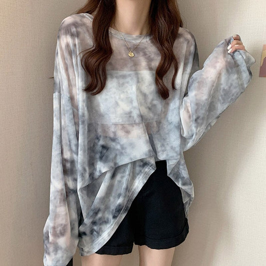 Gbolsos Tie Dye Long Sleeve T-shirts Women Breathable Summer O-neck Design Mesh Sun-proof Loose Tshirts Korean Style All-match Tops Chic