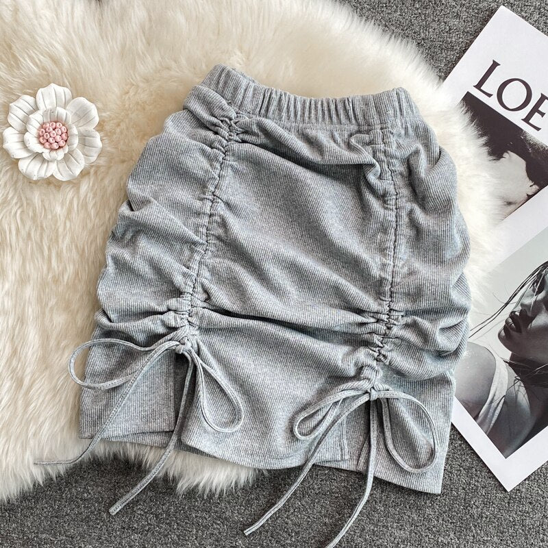 Gbolsos Draw String Cotton Mini Skirt Girls Summer Elastic Waist Grey Black Split Folds Skirts Women Sexy Bottoms