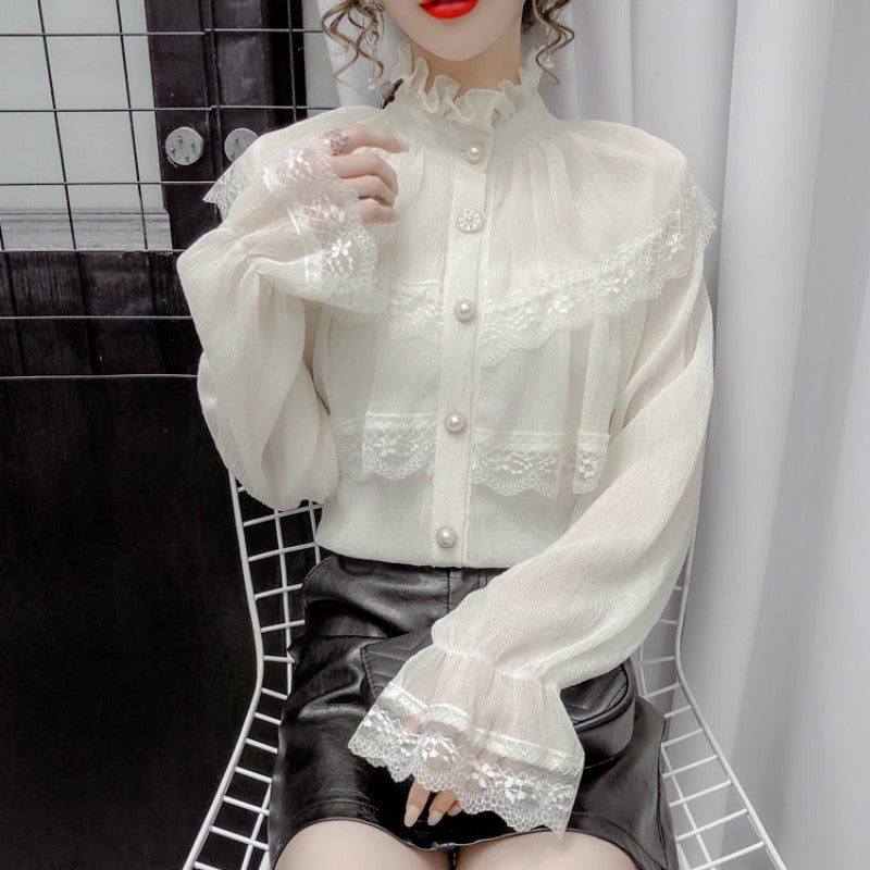 Gbolsos Solid Patchwork Elegant Blouse Women Spring Lace Designer Chiffon Bouse Female Office Lady Casual French Korean Tops Women