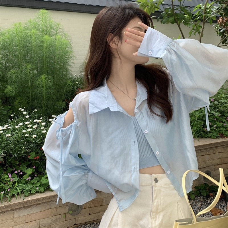 Gbolsos Shirts Women Hole Temperament Sun-proof Ins Vacation Thin Korean Style Sheer Off-shoulder BF Summer Students Beach