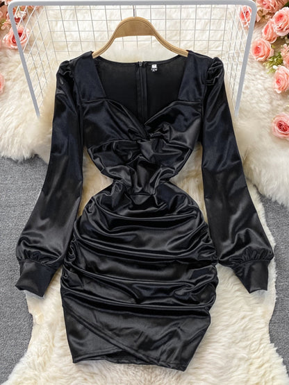 Gbolsos Autumn New Celebrity Sexy Square Neck Satin Dresses Long Sleeve Women White Hip Wrap Slim Pleated Mini Short Dress