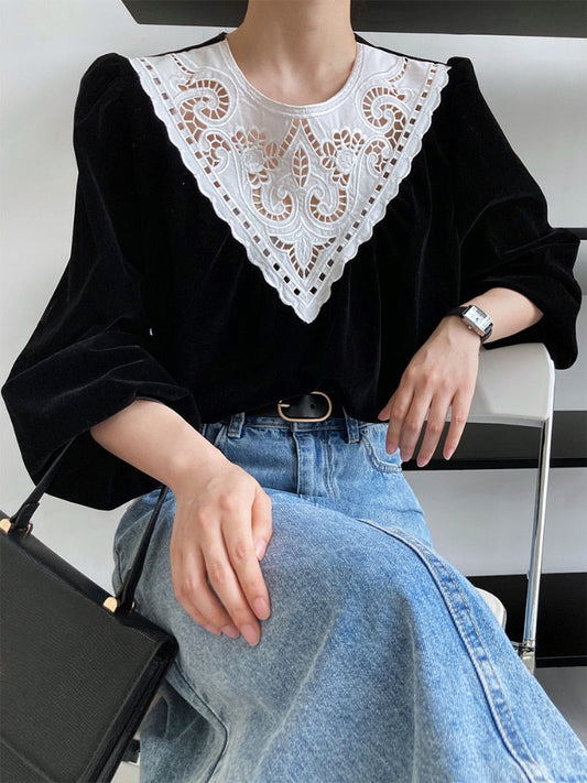 Gbolsos Fashion Velvet Patchwork Lace Tops Women Lantern Long Sleeve Black T-shirts Female Streetwear Pullovers Autumn Clothes