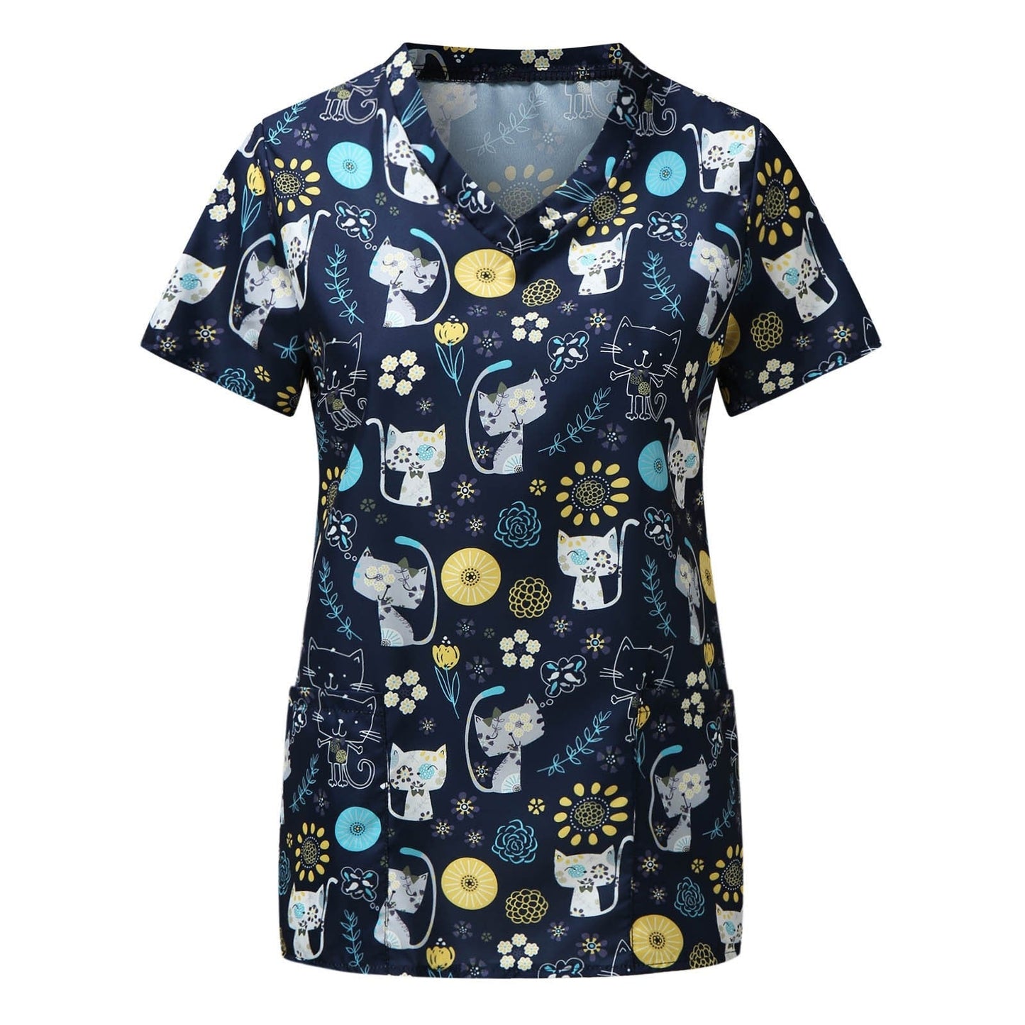 Gbolsos Cute Cartoon Animals Print Christmas Nursing Scrubs Women Tops Short Sleeve pet salon Work Uniform Blouse Costume Shirts Female