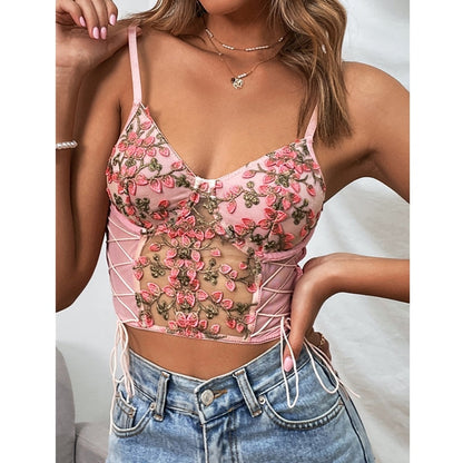 Gbolsos Women Sexy Pink Tank Top Flower Embroidery V-neck Summer Slim Camisole Female Tie-Up Crop Tank Tops Vest Spaghetti Straps Camis