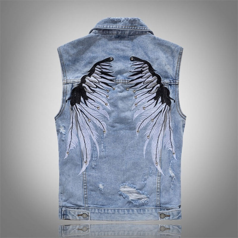 Hot New Men's Ripped Denim Vests With Wings Embroidery Hi Street Distressed Denim Sleeveless Jacket Waistcoat Plus Size M-5XL