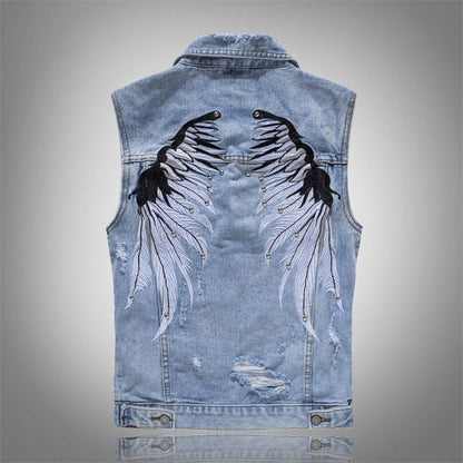 Hot New Men's Ripped Denim Vests With Wings Embroidery Hi Street Distressed Denim Sleeveless Jacket Waistcoat Plus Size M-5XL