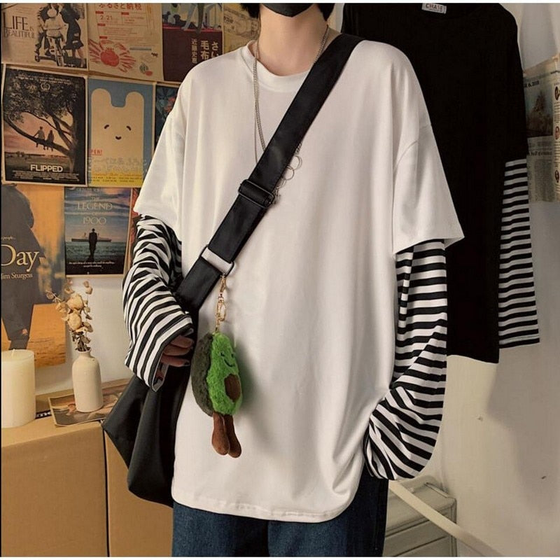 GbolsosLong Sleeve Fake Two-piece T Shirt Striped Big Shirts Men Clothing Men Fashion 2021 New Oversized Tees Clothes Tshirt