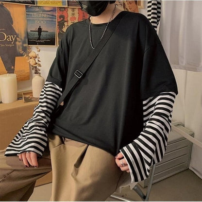 GbolsosLong Sleeve Fake Two-piece T Shirt Striped Big Shirts Men Clothing Men Fashion 2021 New Oversized Tees Clothes Tshirt