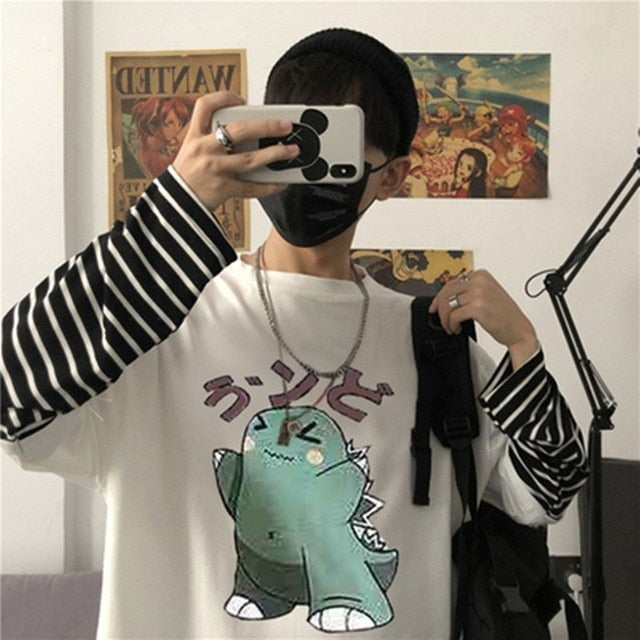 GbolsosLong Sleeve Fake Two-piece T Shirt Striped Big Shirts Men Clothing Men Fashion 2021 New Oversized Tees Clothes Tshirt