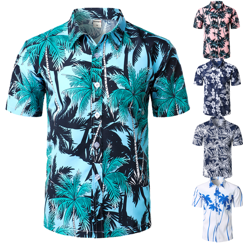 Men's Holiday Casual Short Sleeve Aloha Hawaiian Shirt Short Sleeve Palm Tree Printed Tropical Aloha Blue Shirts Camisa Hawaiana