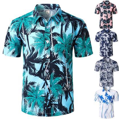 Men's Holiday Casual Short Sleeve Aloha Hawaiian Shirt Short Sleeve Palm Tree Printed Tropical Aloha Blue Shirts Camisa Hawaiana