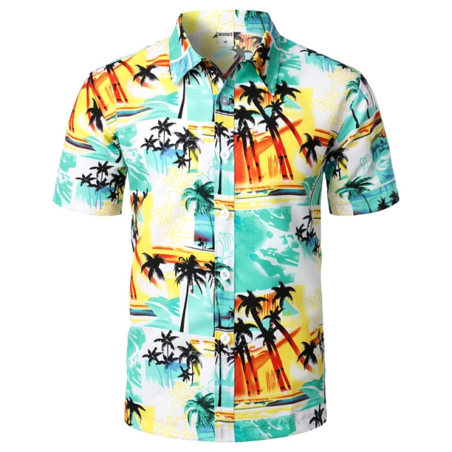 Men's Holiday Casual Short Sleeve Aloha Hawaiian Shirt Short Sleeve Palm Tree Printed Tropical Aloha Blue Shirts Camisa Hawaiana