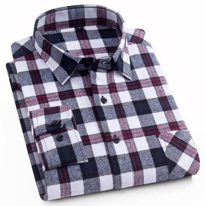 Men's Plaid Cotton Shirt Chest Pocket Smart Casual Classic Contrast Standard-fit Long Sleeve Dress Shirts