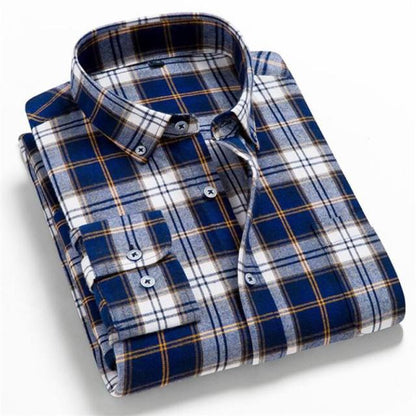 Men's Plaid Cotton Shirt Chest Pocket Smart Casual Classic Contrast Standard-fit Long Sleeve Dress Shirts