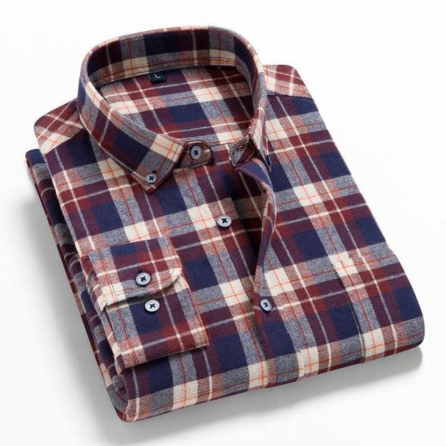 Men's Plaid Cotton Shirt Chest Pocket Smart Casual Classic Contrast Standard-fit Long Sleeve Dress Shirts