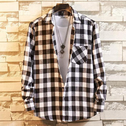 Men's Plaid Cotton Shirt Chest Pocket Smart Casual Classic Contrast Standard-fit Long Sleeve Dress Shirts