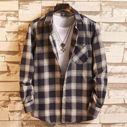 Men's Plaid Cotton Shirt Chest Pocket Smart Casual Classic Contrast Standard-fit Long Sleeve Dress Shirts