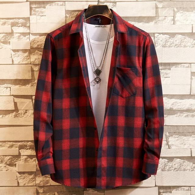 Men's Plaid Cotton Shirt Chest Pocket Smart Casual Classic Contrast Standard-fit Long Sleeve Dress Shirts