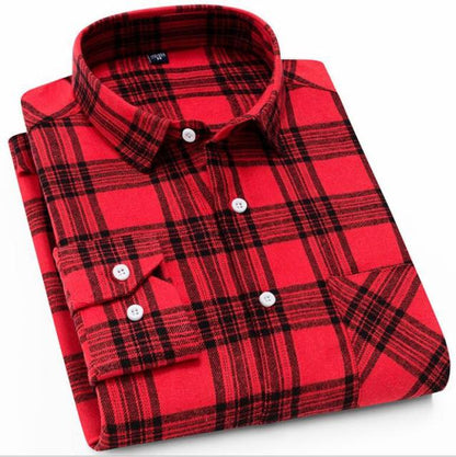 Men's Plaid Cotton Shirt Chest Pocket Smart Casual Classic Contrast Standard-fit Long Sleeve Dress Shirts