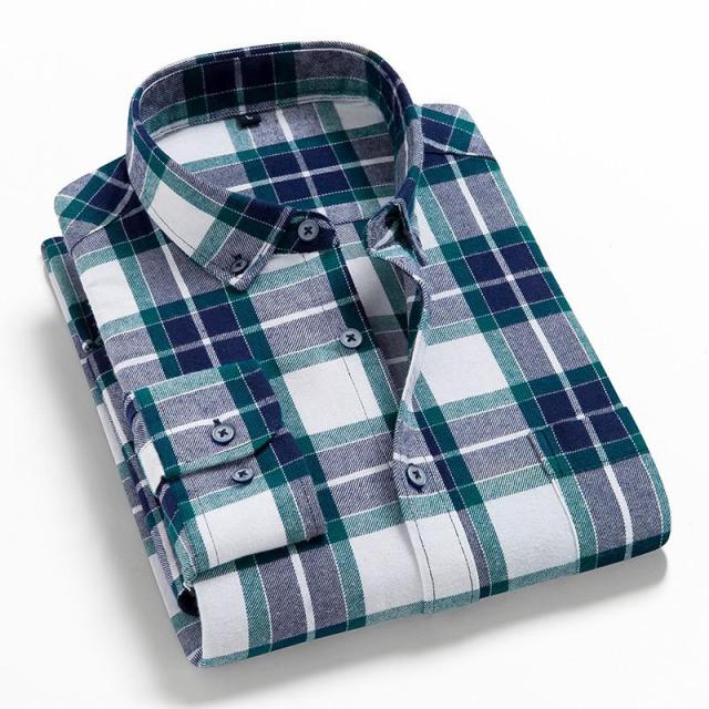 Men's Plaid Cotton Shirt Chest Pocket Smart Casual Classic Contrast Standard-fit Long Sleeve Dress Shirts