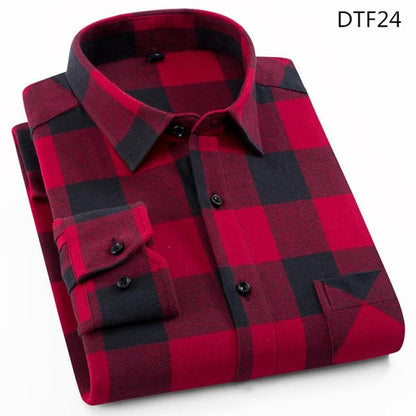 Men's Plaid Cotton Shirt Chest Pocket Smart Casual Classic Contrast Standard-fit Long Sleeve Dress Shirts